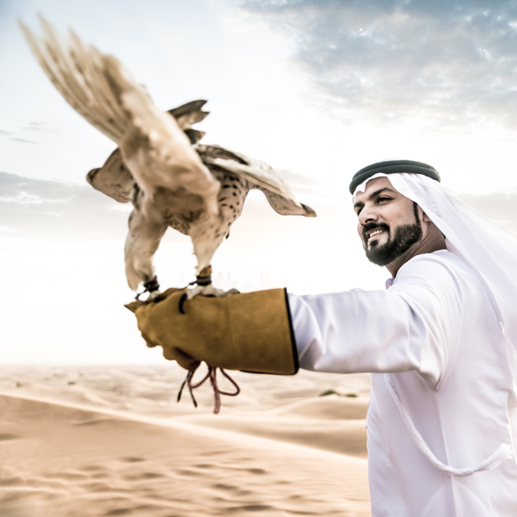 Qatari man holding falcon on wrist