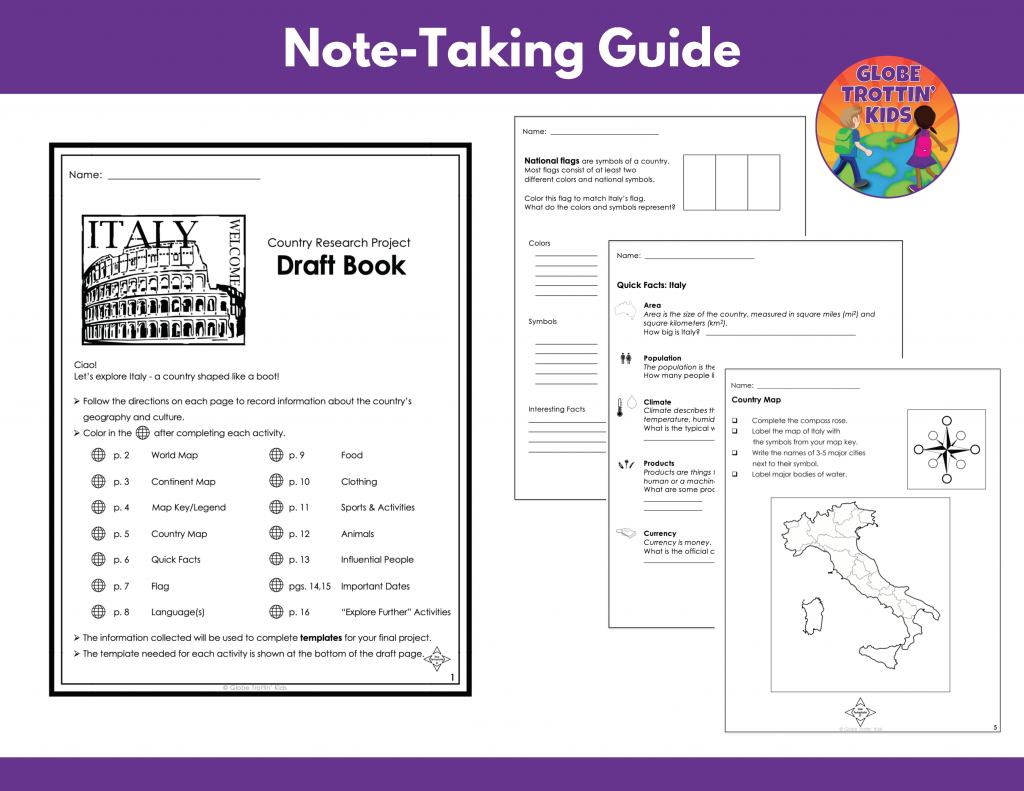 graphic organizers for Italy research project note-taking